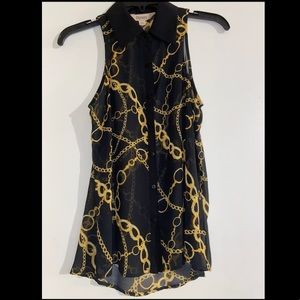 Decree Black Sheer Top with Gold Chains Print